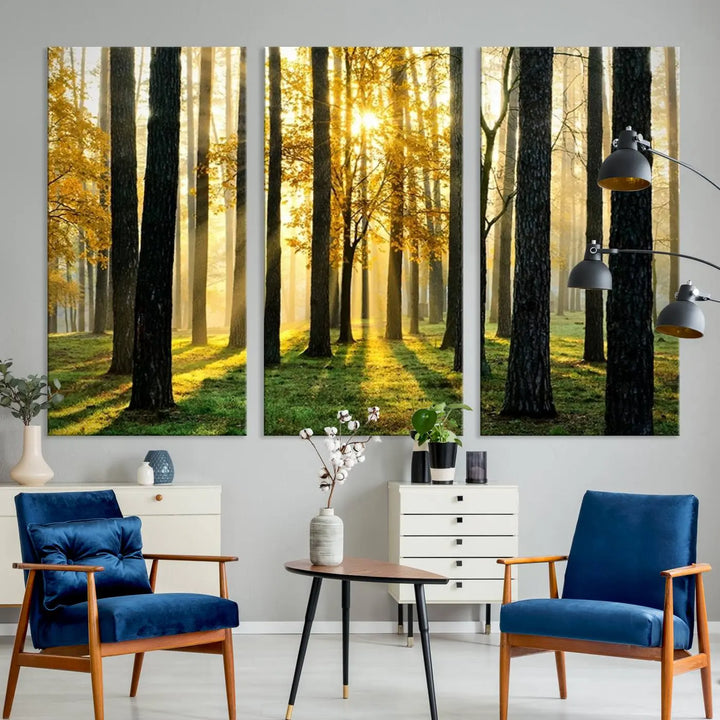 The living room is enhanced by the "Wall Art Landscape Canvas Print Tall Trees in Forest at Sunset" on museum-quality canvas. This triptych, complete with a UV-protective coating, is ready to hang and adds an artistic touch to the space.