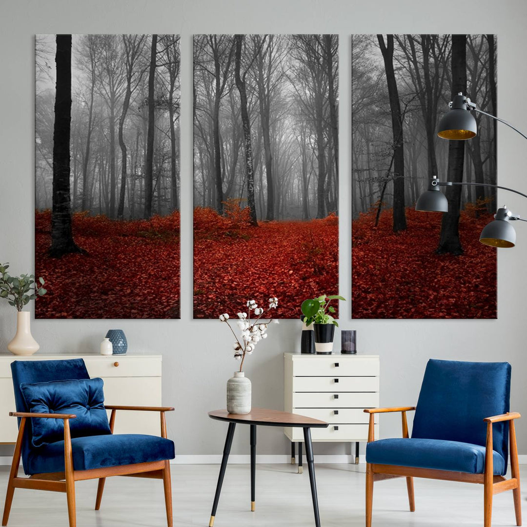 Impression sur toile de paysage d'art mural, forêt merveilleuse avec des feuilles rouges au sol