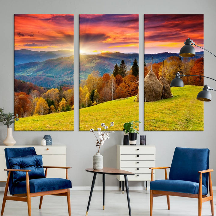 Impression sur toile de paysage d'art mural, tous les tons de vert au coucher du soleil