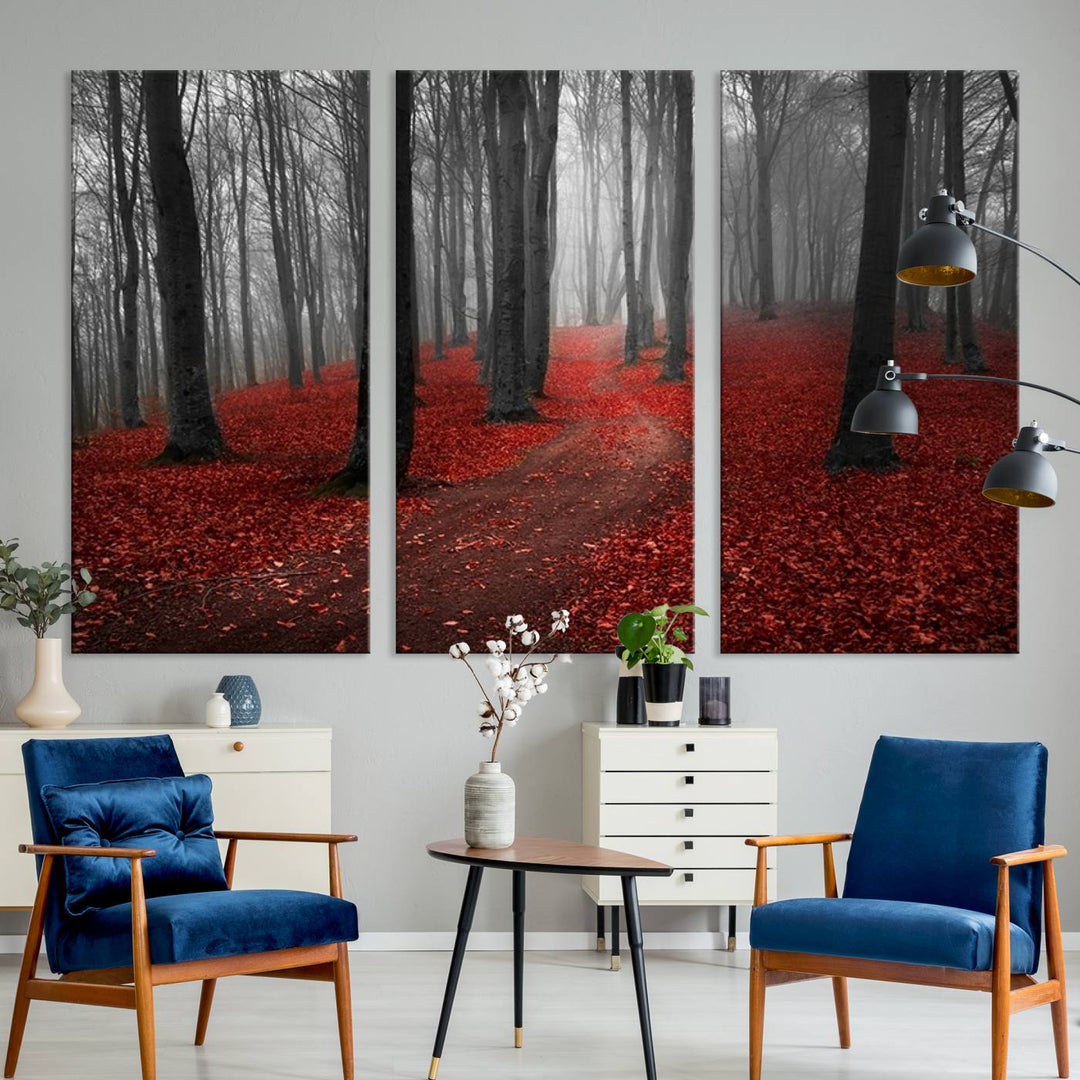 Wonderful Forest artwork: Triptych with red leaves, ideal for nature lovers.