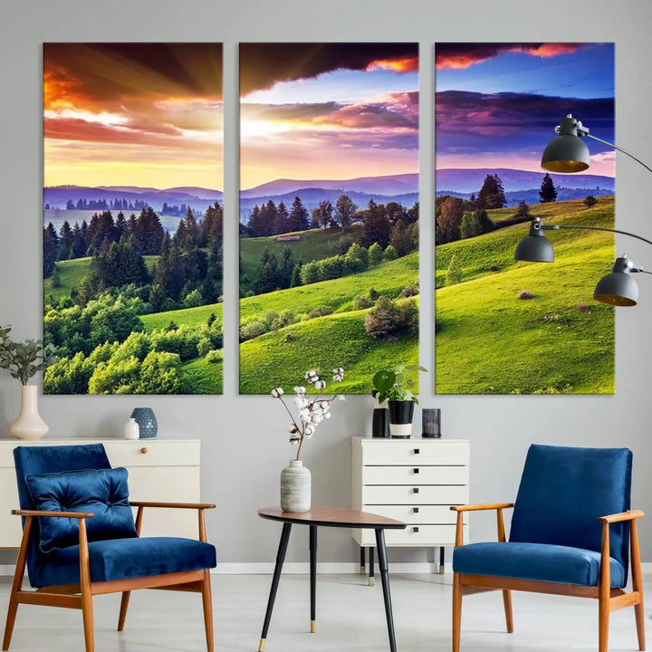 The room features a large triptych of the Green Hills and Sunset Wall Art Print, showcasing a scenic landscape with lush greenery and a vibrant sky.