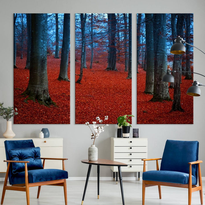 Impression sur toile de paysage d'art mural, feuilles rouges dans la forêt bleue