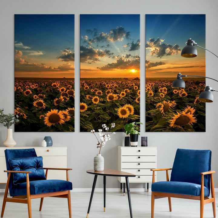 Toile d’art mural avec champ de tournesol et coucher de soleil