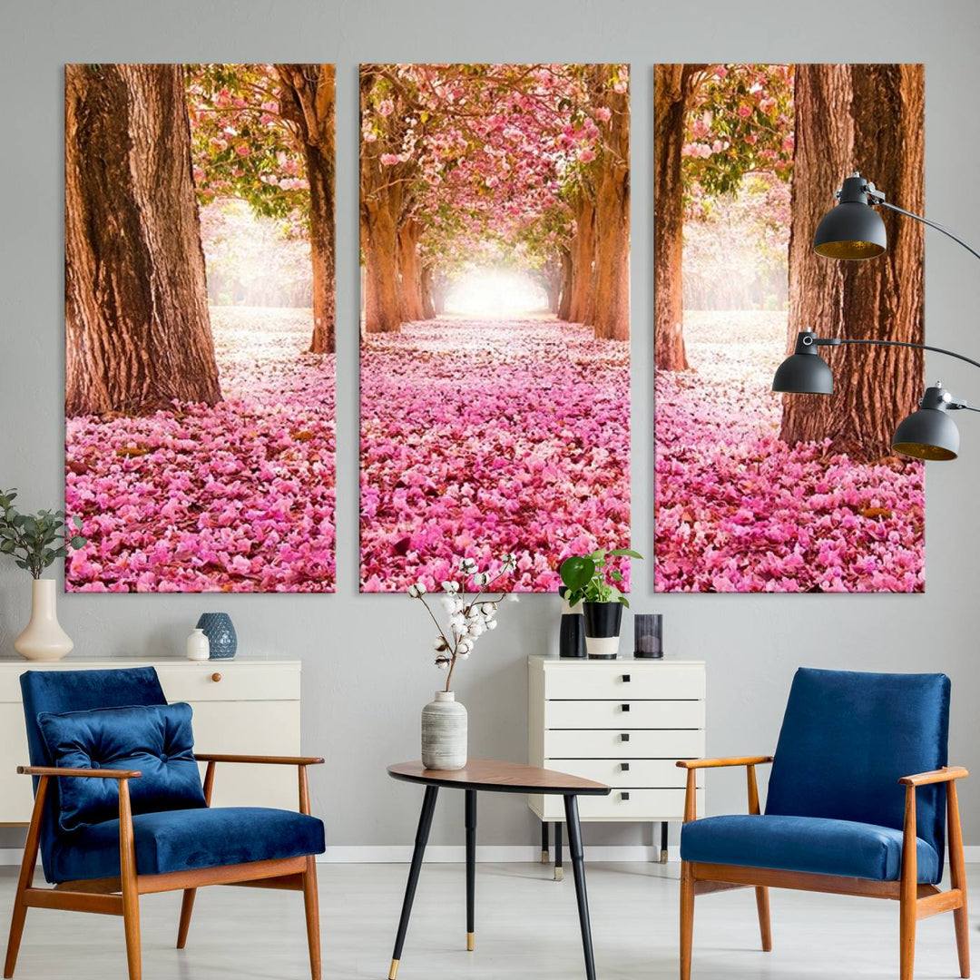 Blossom Cherry Canvas Print Walking on Pink Flowers Between Trees