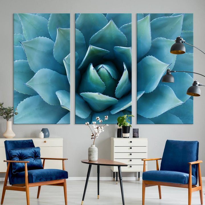 A stunning Large Agave Succulent Canvas Wall Art, a botanical close-up print perfect for modern living rooms, hangs prominently.