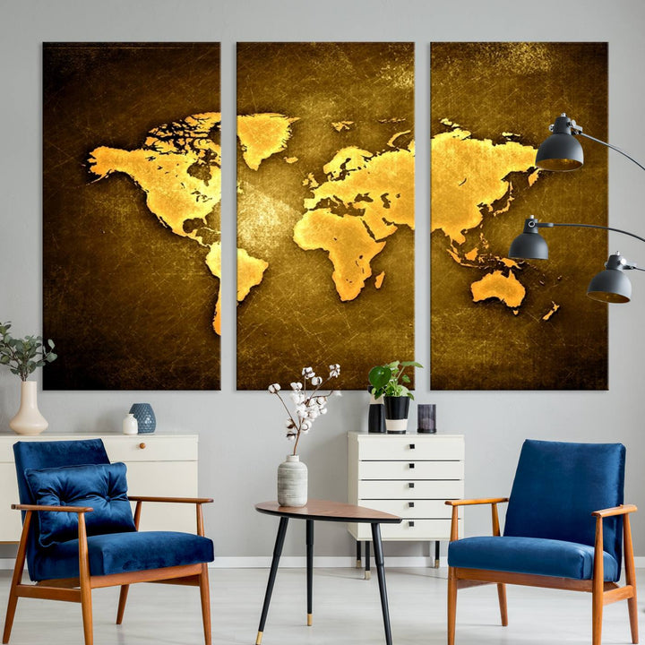 Yellow World Map on Metalic Yellow Background 