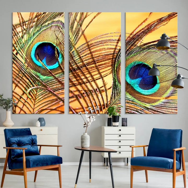 The Peacock Feather Wall Art Print, showcasing a vibrant green, blue, and orange feather design and ready to hang, adorns the space.