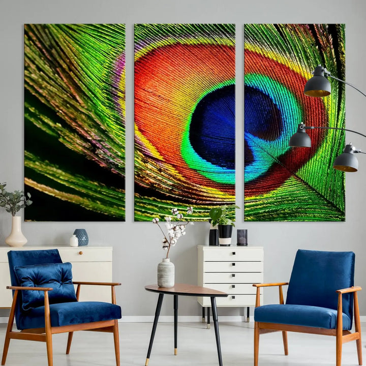 The living room features the "Colorful Peacock Feather Wall Art Print," showcasing a vibrant green, blue, and orange design elegantly displayed above a modern sofa.