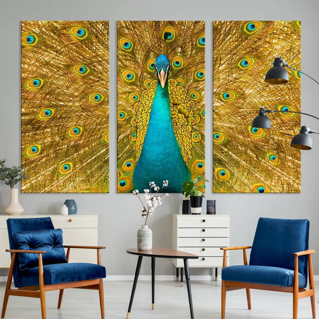 The Peacock Wall Art Canvas Print, featuring a vibrant triptych design of a peacock with intricate feather details and printed on museum-quality canvas with UV-protective coating, brings an artistic flair to the elegant space. Ready to hang, it enhances the modern living room with its striking presence.