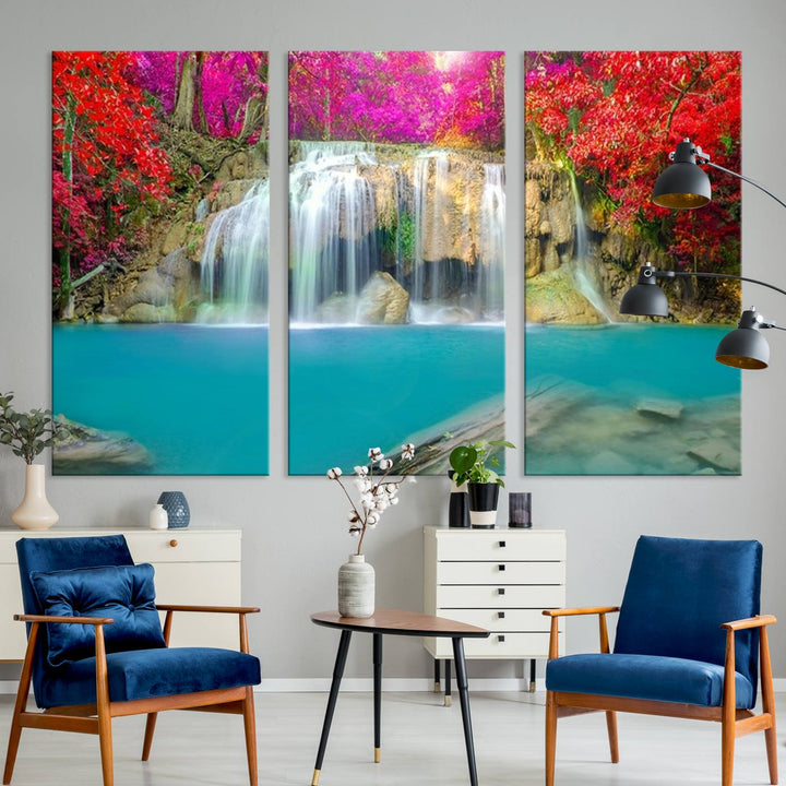 Wall Art Waterfall Landscape with Pink and Red Flowers in Forest Canvas Print