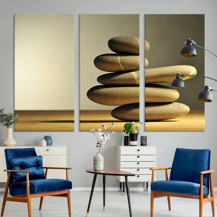 The "Yellow Zen Stones on Yellow Background Wall Art Yoga Zen Artwork," a professionally hand-assembled framed photo with UV-protective coating, is displayed on the wall.