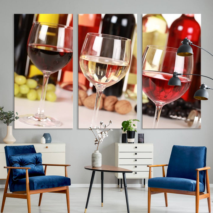 Wall Art Red, White and Rose Wine in Glass Canvas Print