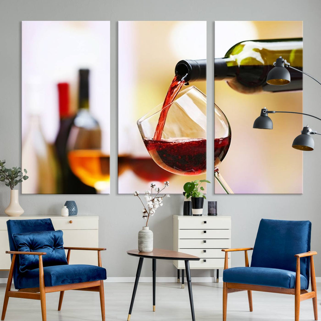 The Filling Red Wine into Glass Red Wine Canvas Print showcases a wine bottle pouring red wine into a glass. This scene, captured on museum-quality canvas, promises timeless elegance and comes with free shipping for effortless delivery to your doorstep.