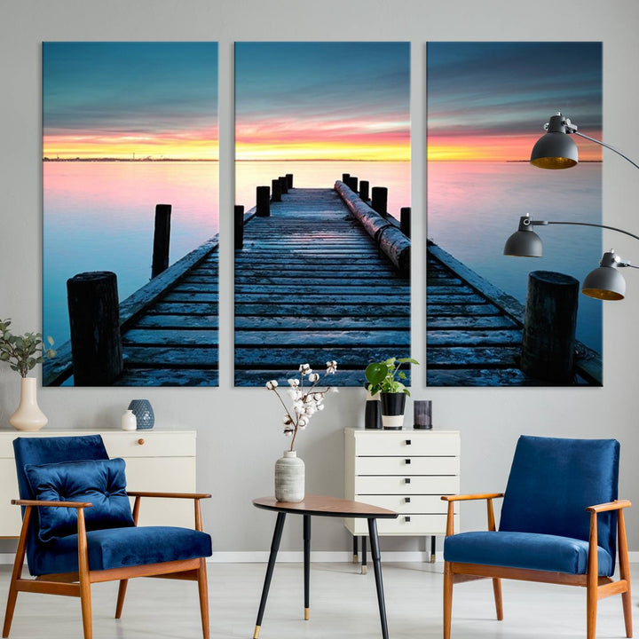 Wall Art Vintage Wooden Pier on Sea at Sunset Canvas Print