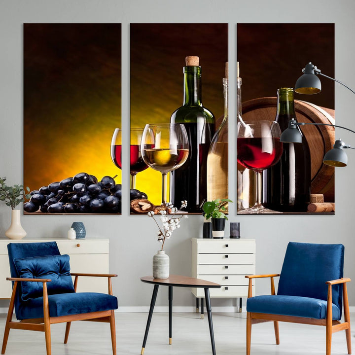 The "Red and White Wine Canvas Print" is a multi-panel design displaying bottles and glasses, adding a professional craftsman's touch to the living room.