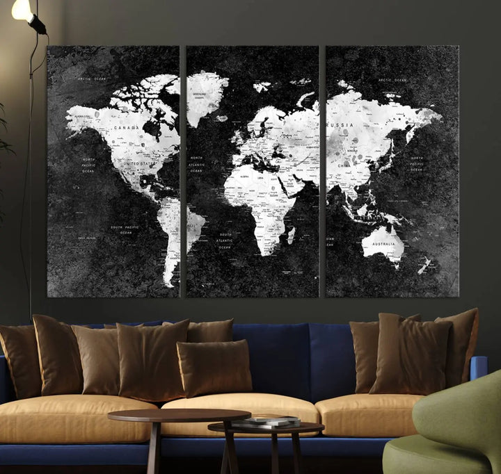 Modern Grayscale World Map 3-Panel Canvas Art | Ready to Hang, Framed | Stylish Minimalist Wall Décor for Home, Office, Living Room, or Study Spaces 