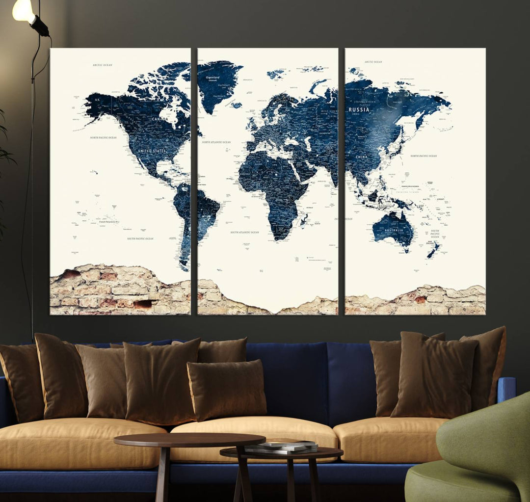 The "Vintage World Map Wall Art Print Grunge Map Canvas" is a three-panel design featuring blue and white tones, crafted on museum-quality canvases.