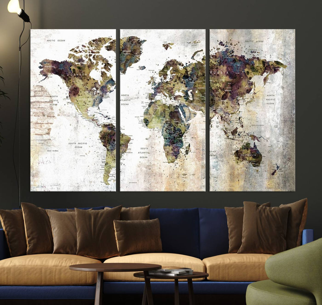 The Vintage World Map Wall Art Print Grunge Map on Canvas Gallery Wall Set hangs with an antique look, adding a touch of timeless elegance to the room.