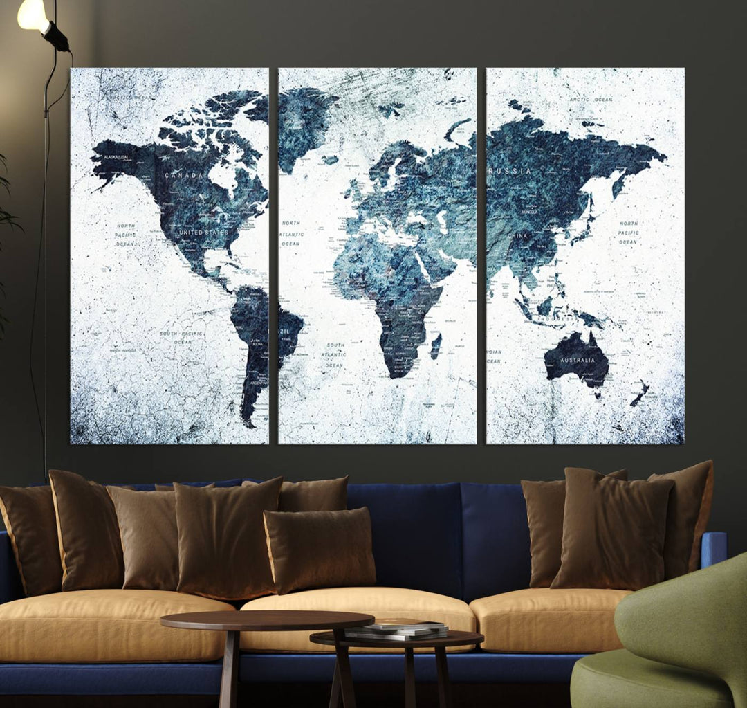 The Vintage World Map Wall Art Print Grunge Map on Canvas decorates the dark wall, enhancing the charm of the modern living room.