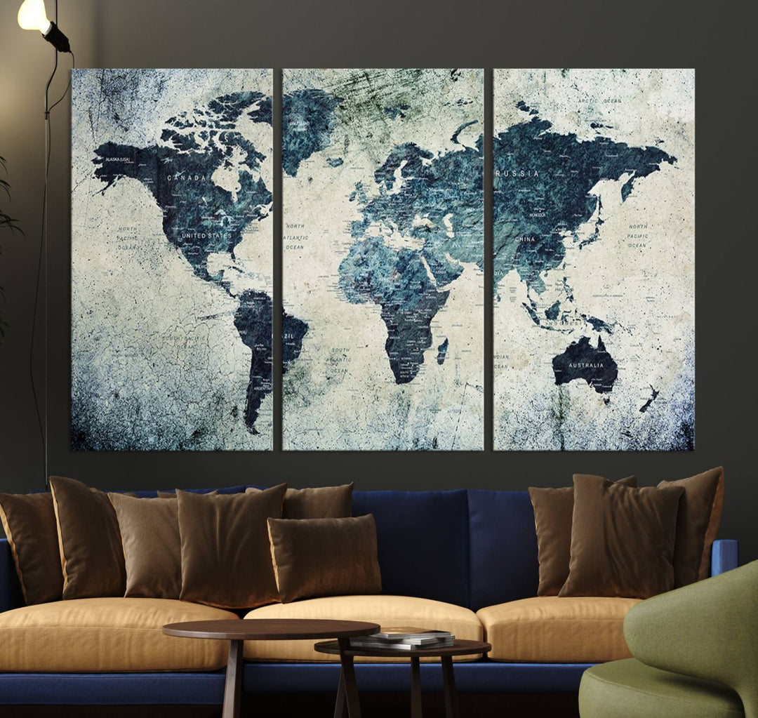 The "Vintage World Map Wall Art Print Grunge Map Canvas" is displayed on the wall, enhancing the space with its antique charm.