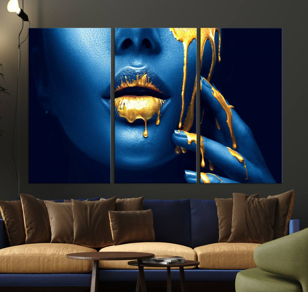 Neón Azul Oro Labios Sensual Fotografía Lienzo Pared Arte Impresión Moda Arte Belleza