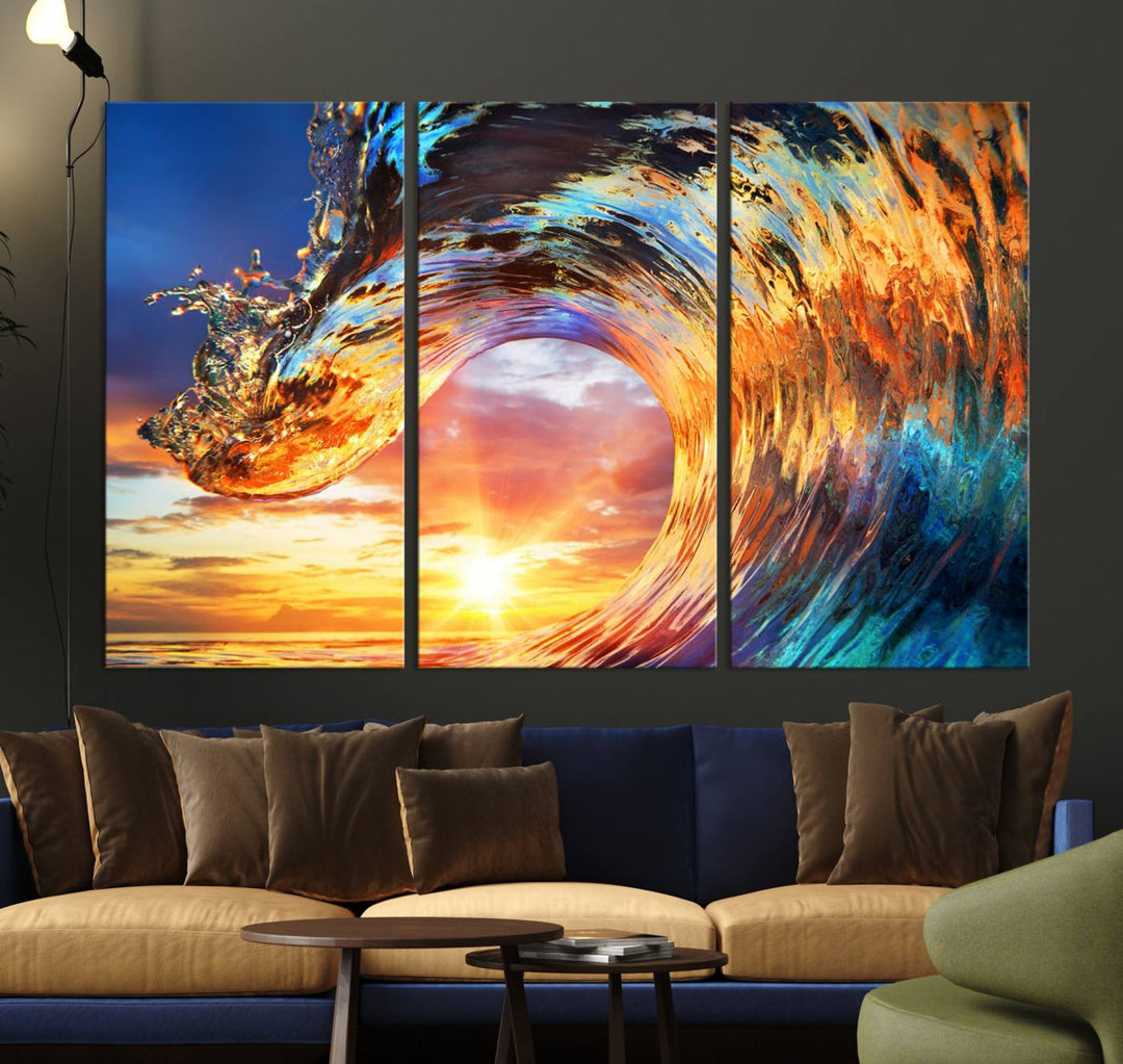 Wave Canvas Wall Art – Multi-Panel Sunset Ocean Scene – Bold and Vibrant Decor for Living Room or Office – Ready to Hang