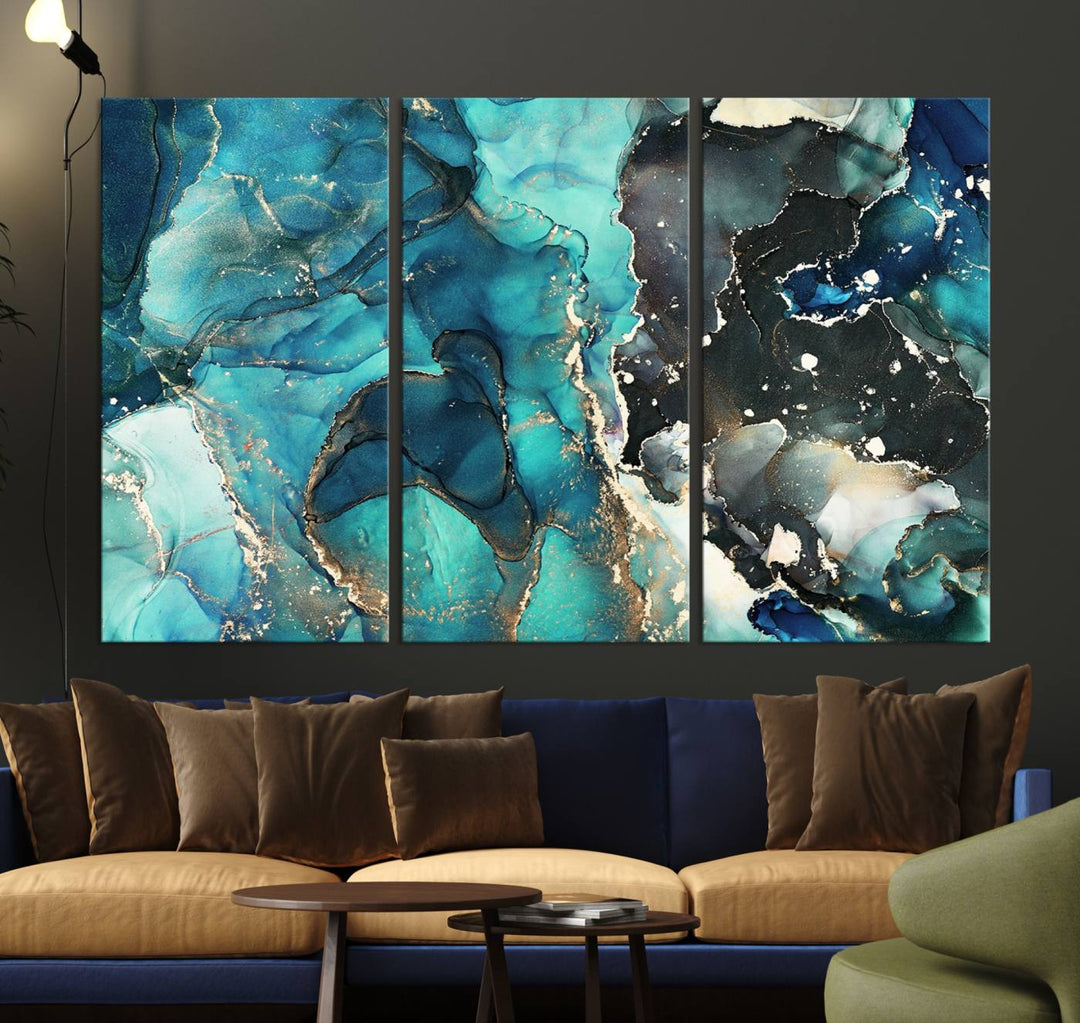 Stylish Teal Color Gold Abstract Canvas Wall Art Print