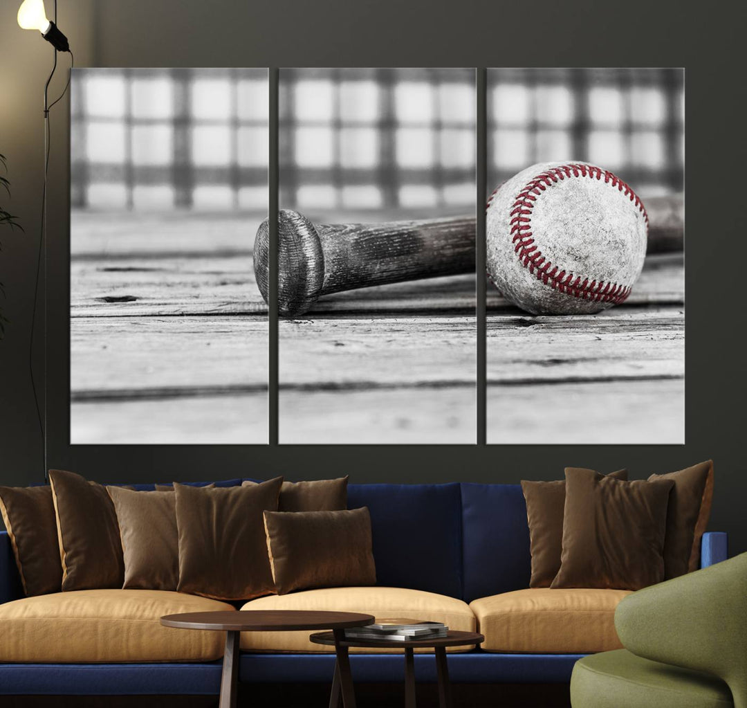 Lienzo de béisbol vintage para pared, impresión de béisbol, arte imprimible, arte retro, deportes, arte de pared, impresión en lienzo grande, varias piezas enmarcadas listas para colgar, juego de 3 paneles de lienzo, fotografía en blanco y negro