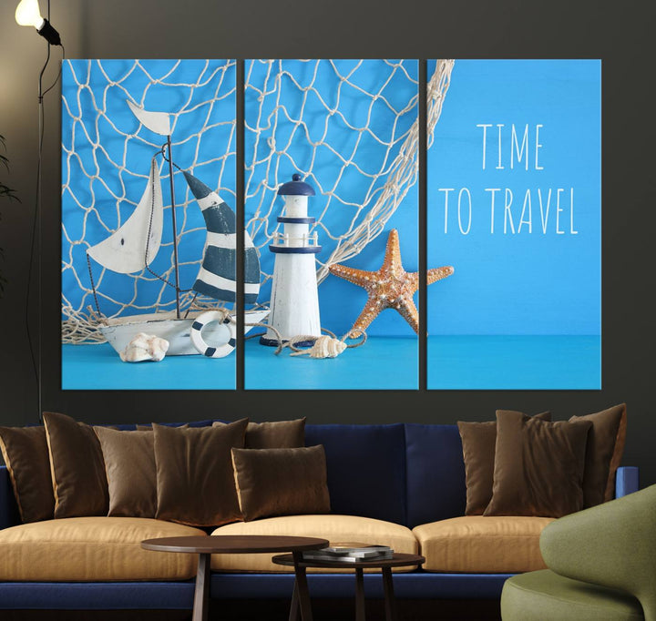 Sailing Boat Starfish and Lighthouse Wall Art Canvas Print