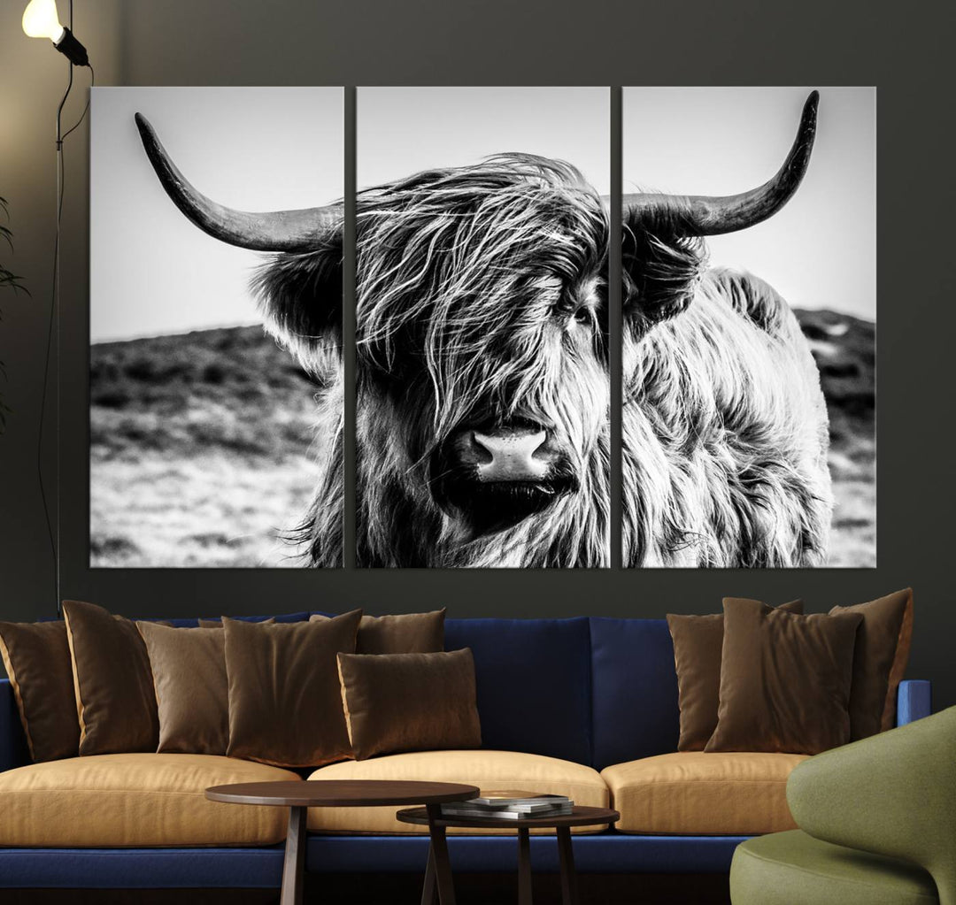 Highland Cow Wall Art | 3-Panel Black and White Highland Cow Canvas Print for Western Farmhouse Decor | Large Framed Giclee Canvas for Living Room