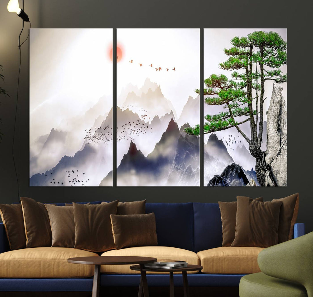 Japanese Tree Mountain Wall Art Canvas Print