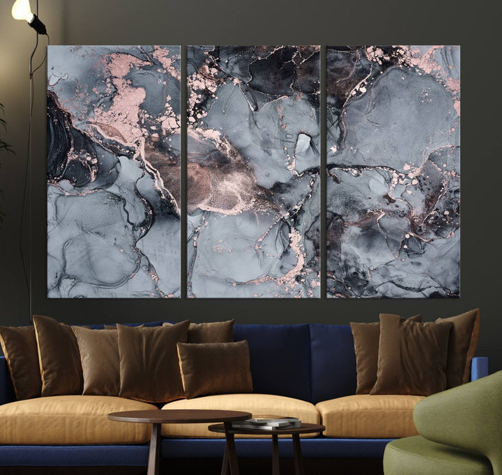 Gray and Rose Gold Marble Fluid Effect Wall Art Abstract Canvas Wall Art Print