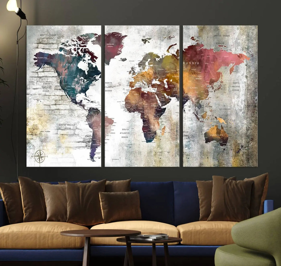 An eye-catching World Map Wall Art Triptych featuring an antique-style map enhances the wall above.