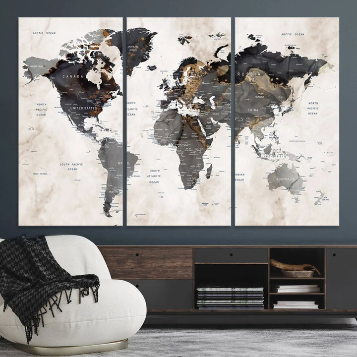 The dining room wall is adorned with the World Map Canvas Print – Earthy Triptych Wall Art, a vintage global map decor featuring dark continents.