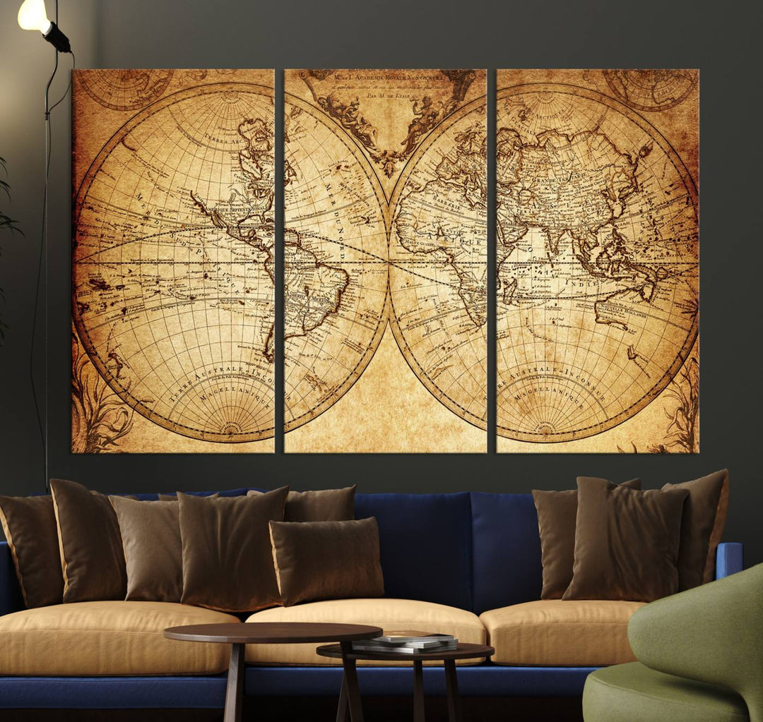 Vintage World Map Wall Art | 3-Panel Canvas Print for Living Room, Office, or Study | Giclee Canvas with Antique Design