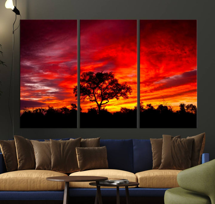 Red Sunset Landscape Artwork Printing, Forest Tree Wall Art Canvas Print