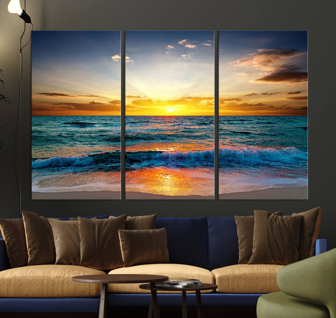 Vibrant Ocean Sunrise Over Golden Beach Waves, Giclee Canvas Wall Art Set, High-Quality Stretched Canvas Print, Ready to Hang Coastal Sunset Wall