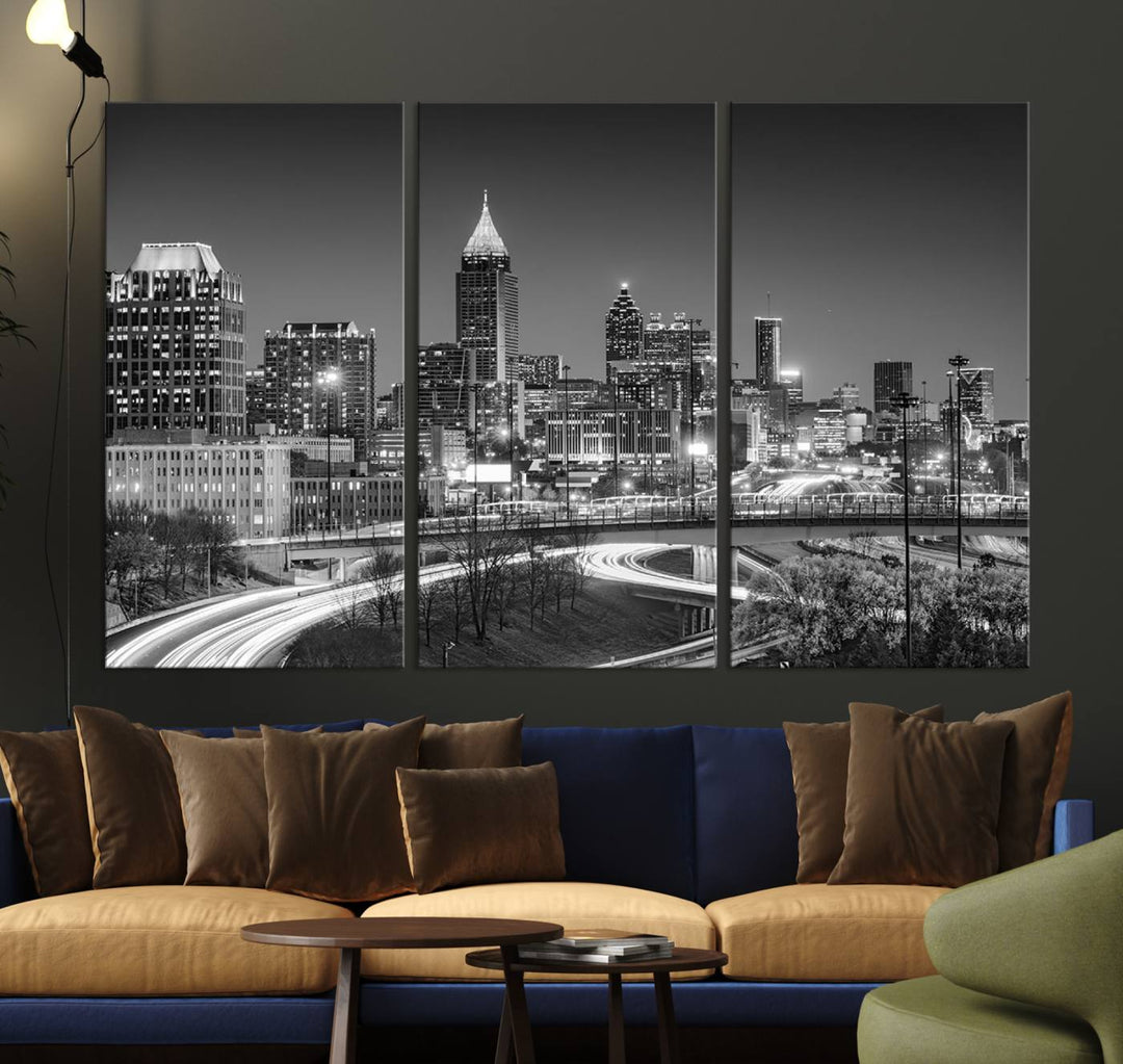 Atlanta City Lights Skyline Art mural noir et blanc Paysage urbain Impression sur toile