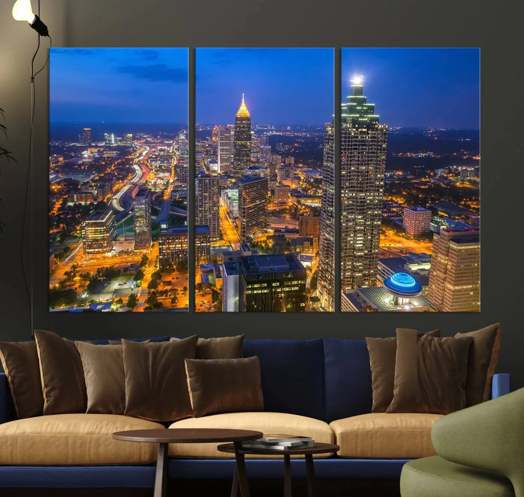 An elegant Atlanta City Blue Skyline Cityscape View Wall Art Canvas Print graces the wall, offering a sophisticated addition to your living space. Enjoy free shipping on this stylish piece.