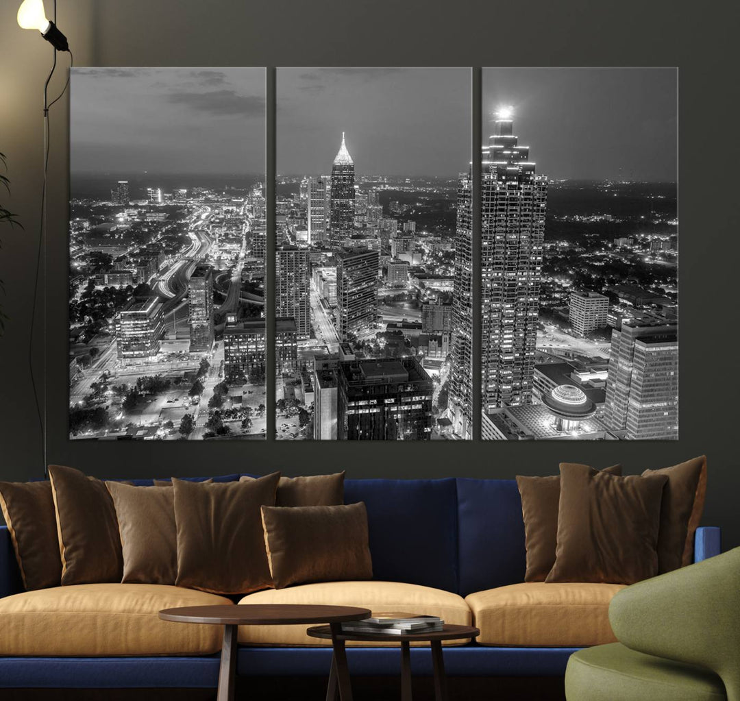 Horizonte nublado de la ciudad de Atlanta Arte de pared en blanco y negro Paisaje urbano Lienzo