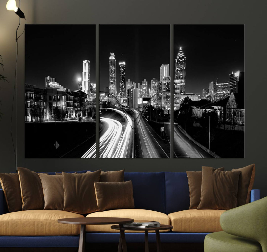 Atlanta City Lights Skyline Art mural noir et blanc Paysage urbain Impression sur toile