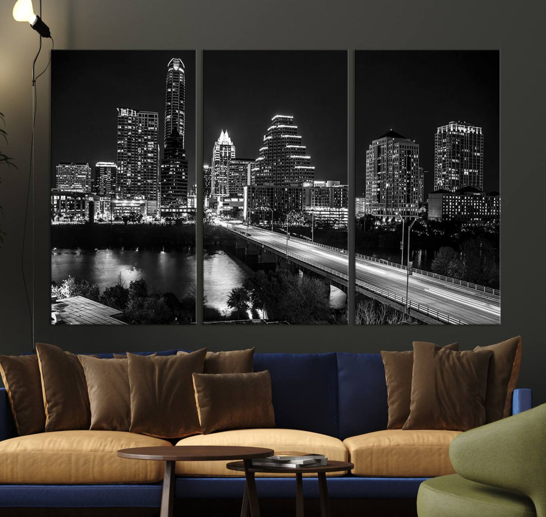 Austin City Lights Skyline Black and White Wall Art Canvas Print