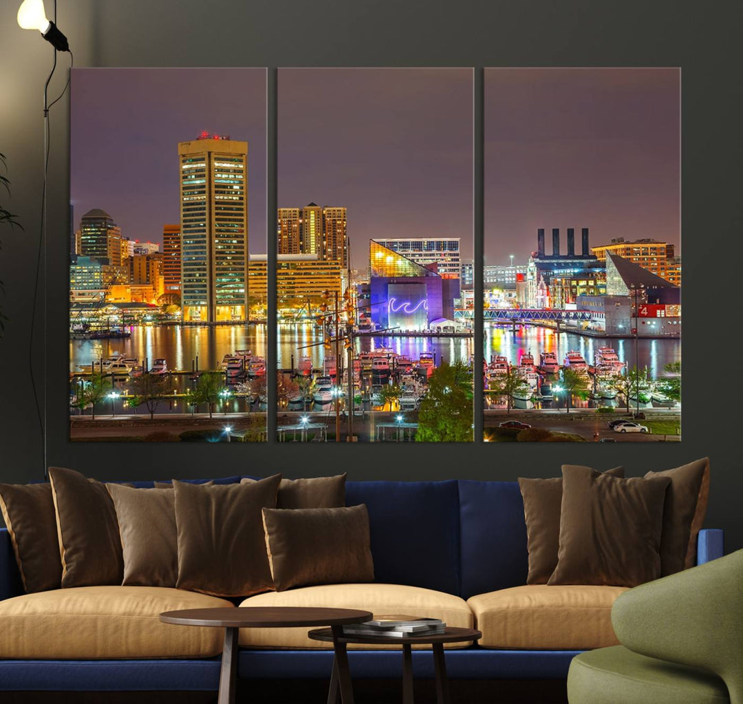 The Baltimore City Lights Night Skyline Cityscape View Wall Art Canvas Print is elegantly displayed on museum-quality canvas.