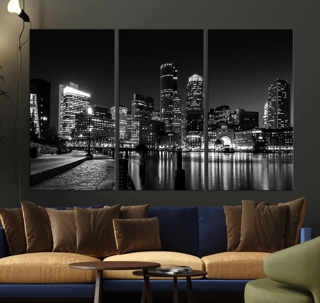 The living room showcases the Boston City Lights Skyline Black and White Wall Art Canvas Print.