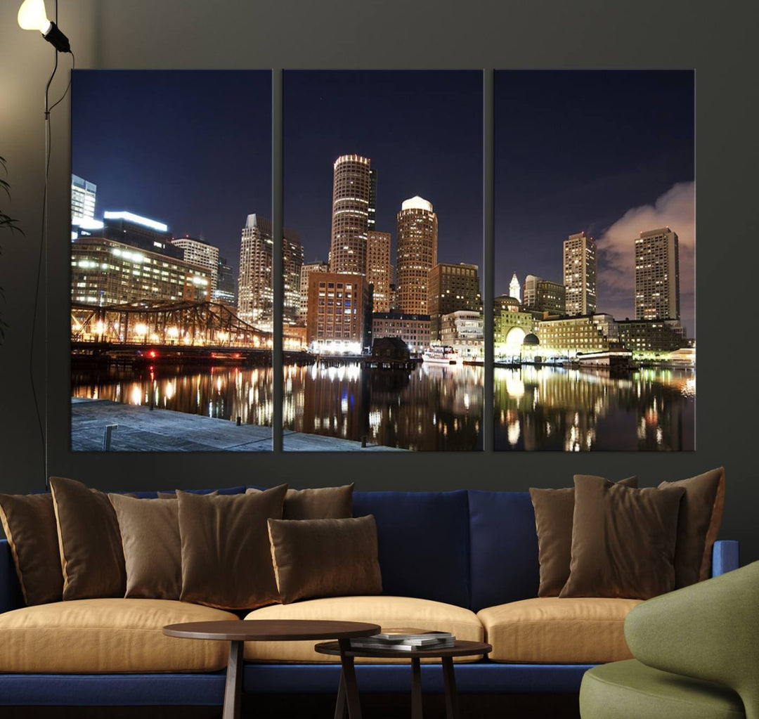 The Boston City Lights Skyline Cityscape View Wall Art Canvas Print showcases a nighttime cityscape on museum-quality canvas.