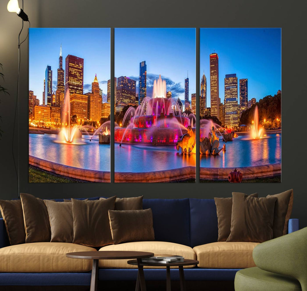 Chicago City Colorful Lights Night Skyline Cityscape View Wall Art Canvas Print