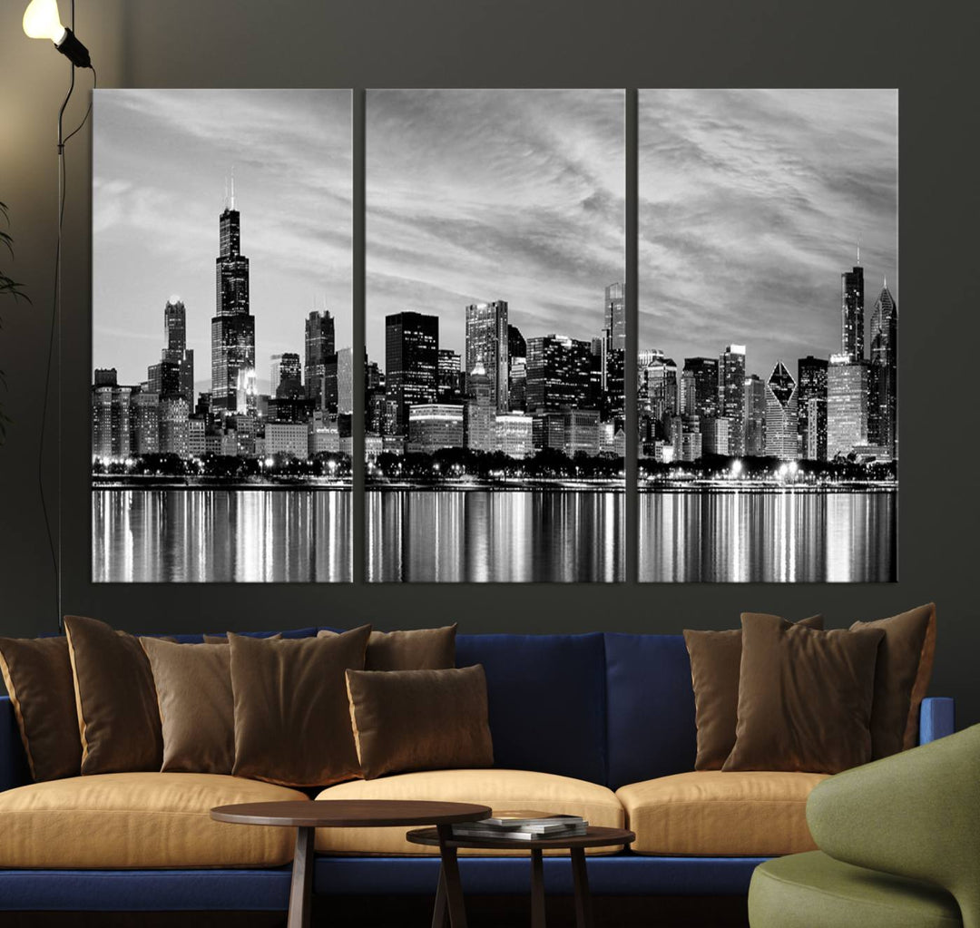 Chicago City Cloudy Skyline Black and White Wall Art Cityscape Canvas Print