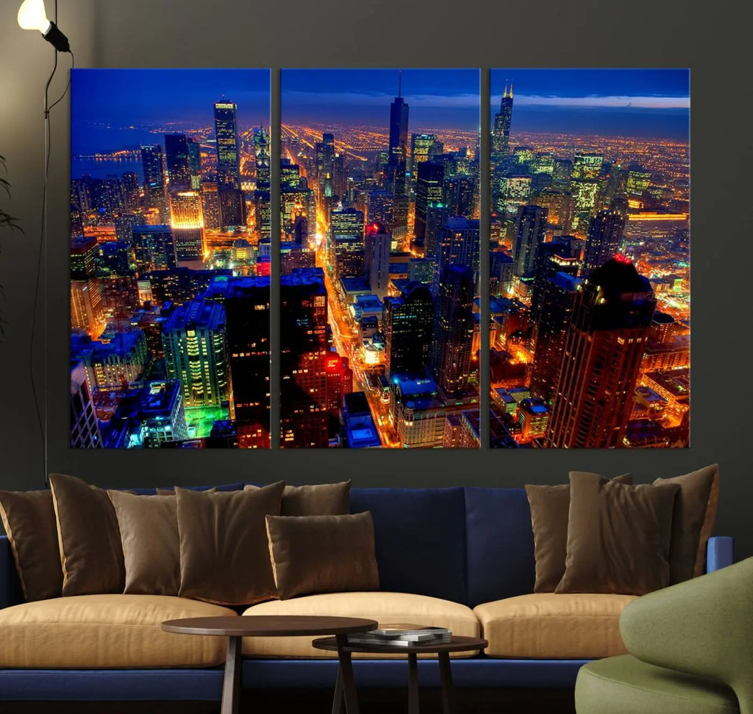 The "Chicago Night Skyline Wall Art" on museum-quality canvas adds long-lasting appeal to the living room.