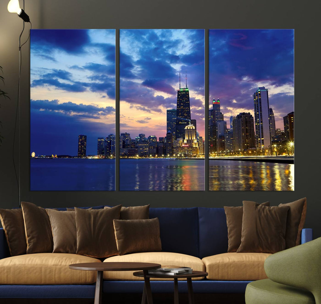 Chicago City Lights Nuit Nuageux Bleu Skyline Cityscape View Wall Art Impression sur toile