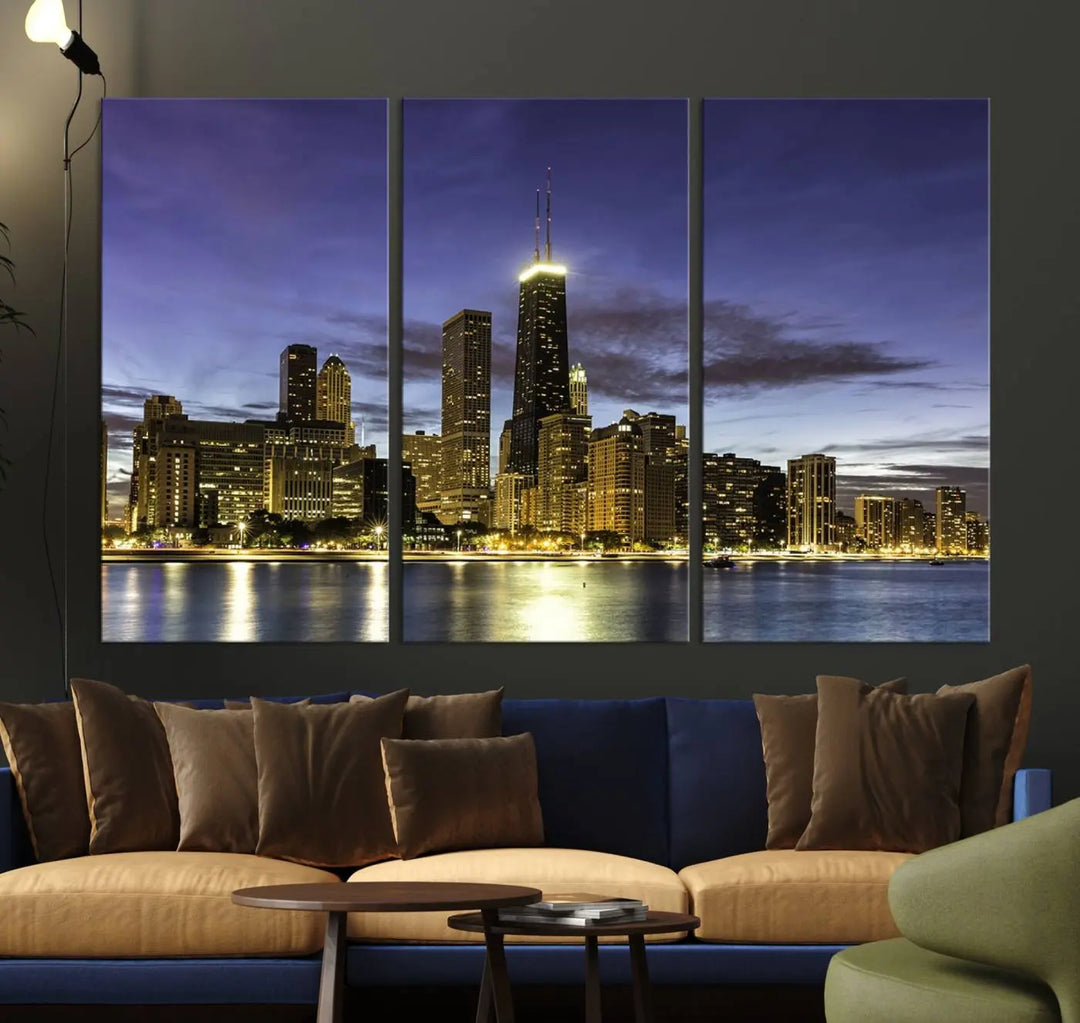 Chicago Night Skyline Cityscape Canvas Picture Print is a stunning three-panel wall art piece, perfect for adding sophistication to any setting. Crafted by professional artisans, this artwork features museum-quality canvases designed to enhance your space. Enjoy free shipping with your purchase.